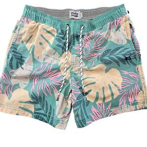 Party Pants Swim Shorts Mens M Green Floral Drawstring Pockets Boardshorts